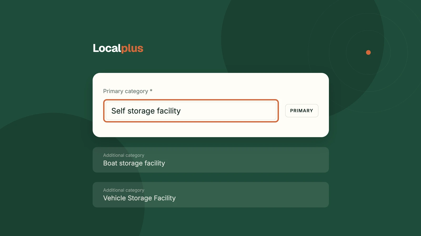 Illustration of a Google Business Profile primary category field set to Self storage facility, with additional category rows below