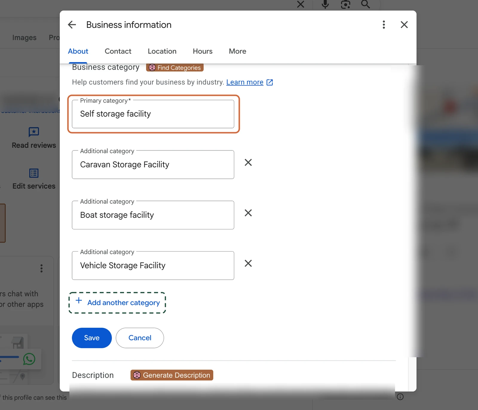 The Business category editor in Google Business Profile with the primary category field and the Add another category link highlighted