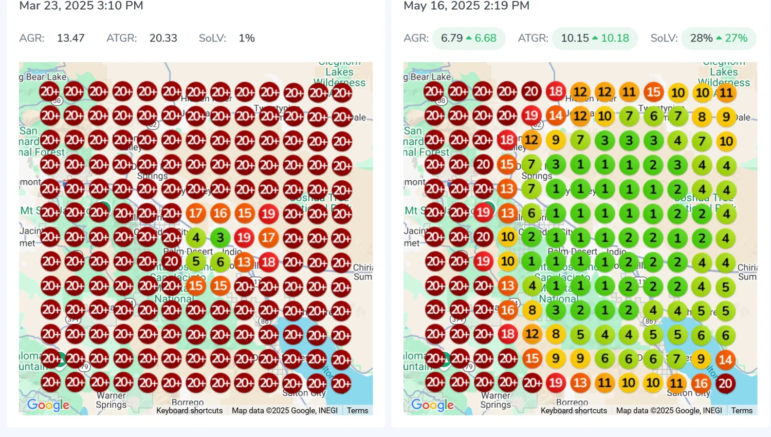 Geogrid comparison for a Palm Desert deck contractor showing rankings for the keyword 'outdoor deck builder' improving from mostly 20+ on March 23, 2025 to a green-dominant grid on May 16, 2025