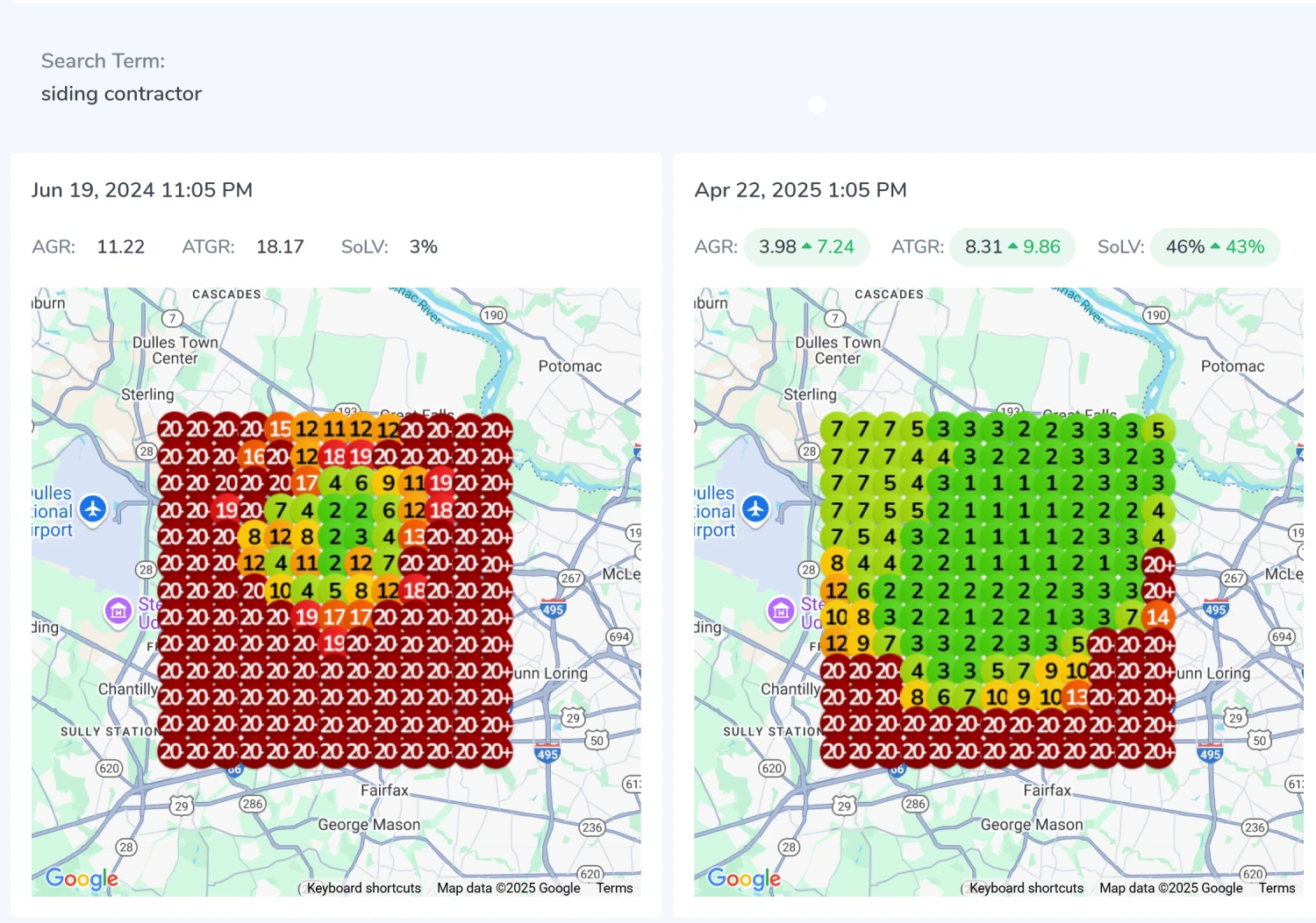 Geogrid comparison for a siding contractor showing rankings for the keyword 'siding contractor' improving from mostly 20+ on June 19, 2024 to a green-dominant grid with 1-3 rankings on April 22, 2025